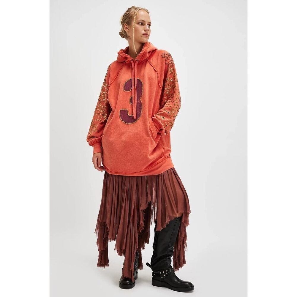 Free People Sparkle Daze Kango Hoodie Embellished We The Free Red Combo L NEW - Picture 5 of 5